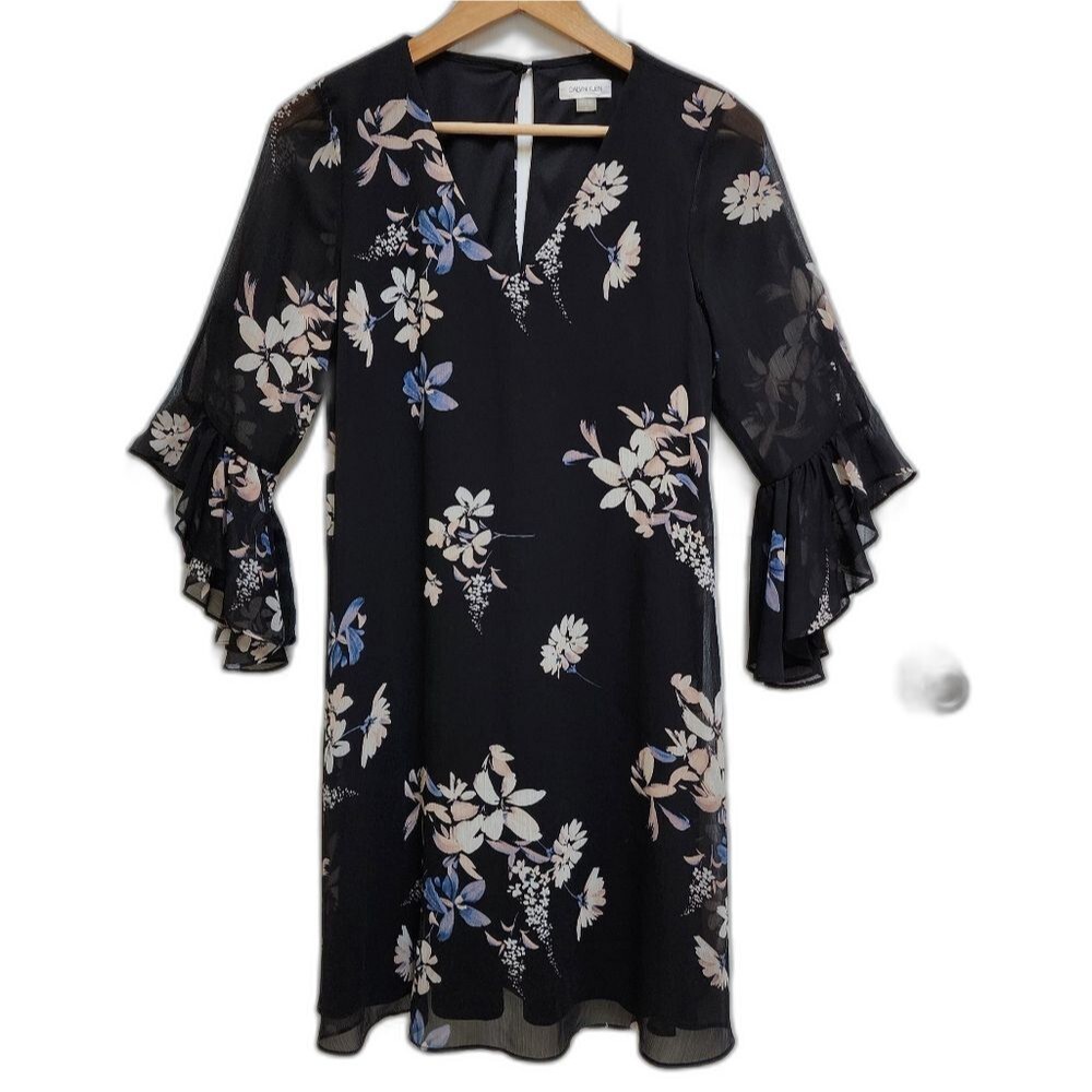 Calvin Klein Dress 10 Black Floral V Neck Sheath 3/4 Bell Sleeve Keyhole Lined